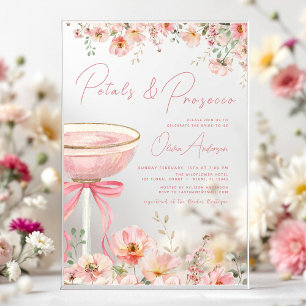 Rosa Schleifen-Blütenblätter & Prosecco-Blush-Jung Acryleinladungen
