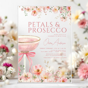 Rosa Schleifen-Blütenblätter & Prosecco-Blush-Jung Acryleinladungen