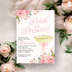 Rosa Schleifen-Blütenblätter und Prosecco-Brautjun Einladung