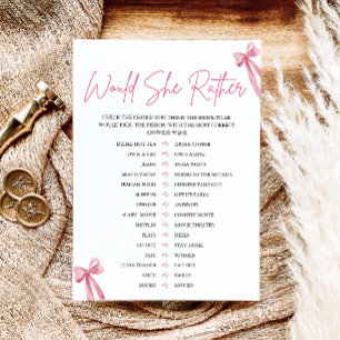 Rosa Schleifen-Bridal-Shower-Spiel 'Würde sie eher Einladung