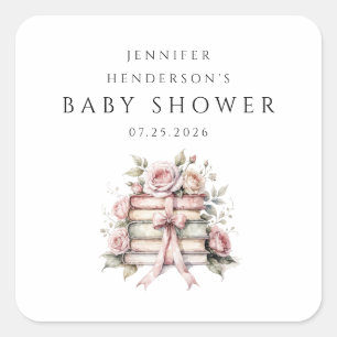 Rosa Schleifen-Buchstapel-Baby Shower Quadratischer Aufkleber
