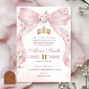 Rosa Schleifen-Coquette-Krone Florale Quinceanera- Einladung