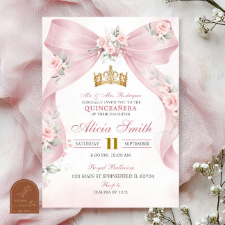 Rosa Schleifen-Coquette-Krone Florale Quinceanera- Einladung