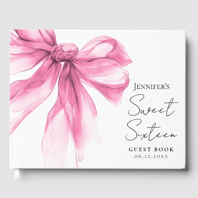 Rosa Schleifen-Coquette-Script Sweet 16 Party  Gästebuch (Vorderseite)