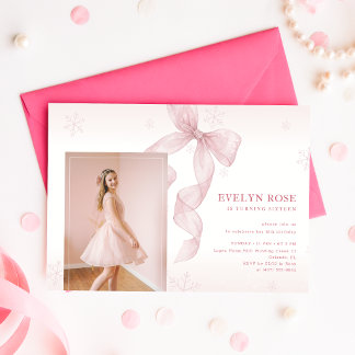 Rosa Schleifen-Coquette-Winterfoto zum 16. Geburts Einladung