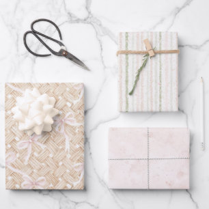 Rosa Schleifen Faux-Korbflechtung Geburtstag Geschenkpapier Set