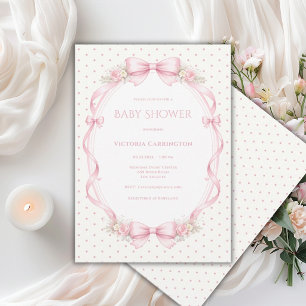 Rosa Schleifen Florale Vintage-Baby-Party Einladung