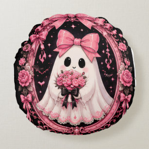 Rosa Schleifen-Geister-Ballerina Coquette Hallowee Rundes Kissen