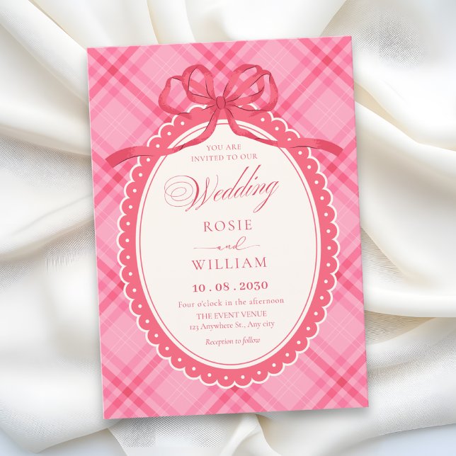 Rosa Schleifen-Gingham-Hochzeit Einladung (Von Creator hochgeladen)