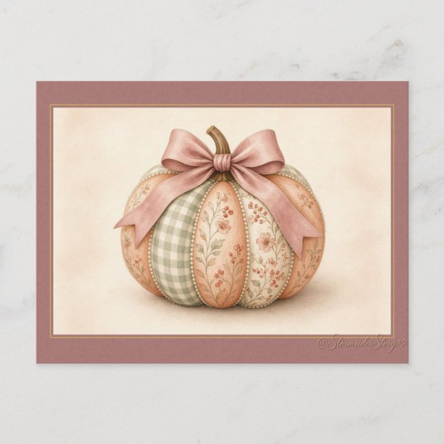 Rosa Schleifen-Gingham-Patchwork-Kürbis Postkarte (Vorderseite)