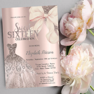 Rosa Schleifen Glitter Kleid Roségold Sweet 16 Einladung