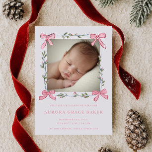 Rosa Schleifen Grünzeug Weihnachtsbeeren Baby Ankündigung