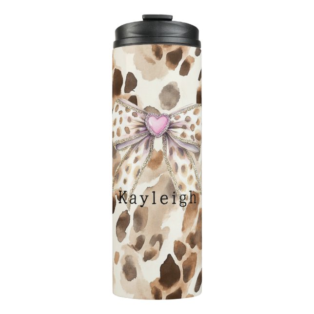 Rosa Schleifen Herz Leopard Thermosbecher (Vorderseite)