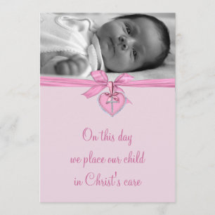 Rosa Schleifen-Kreuz Baby Mädchen Foto Taufe Einladung