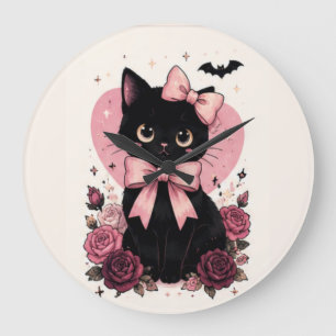 Rosa Schleifen-Rosen-Blumen-Schwarze Katze Große Wanduhr