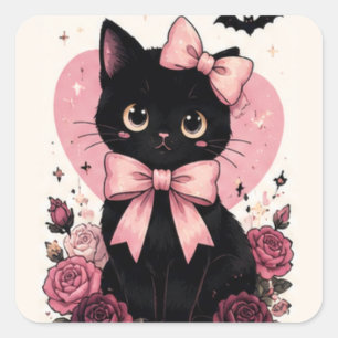 Rosa Schleifen-Rosen-Blumen-Schwarze Katze Quadratischer Aufkleber