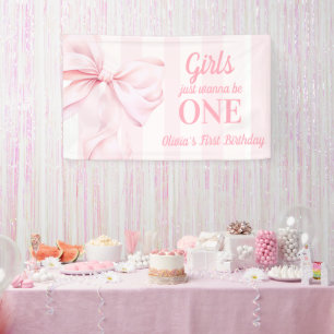 Rosa Schleifen Streifen Erster Geburtstag Banner