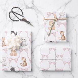 Rosa Schleifen Süße Kätzchen Katzen Geburtstag Geschenkpapier Set