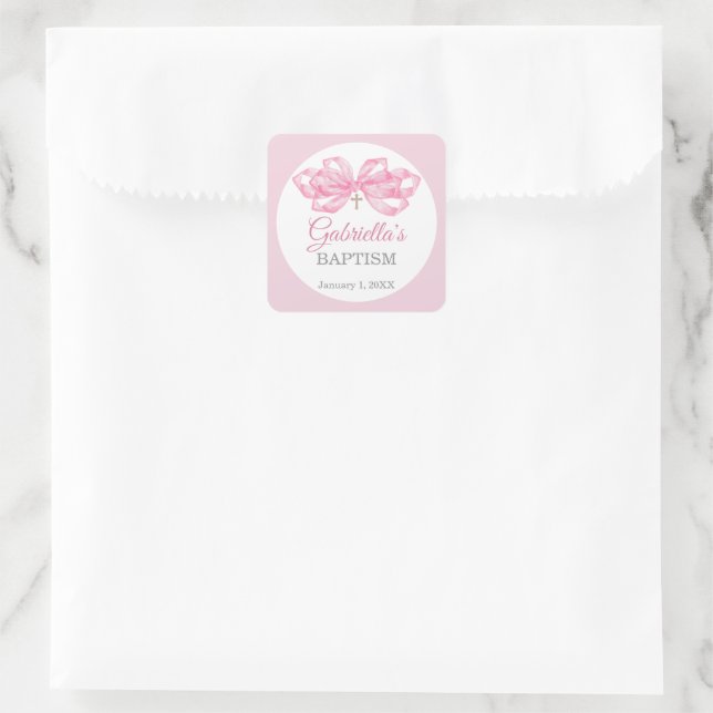 Rosa Schleifen Tauf Gunst Sticker Benutzerdefinier (Tasche)