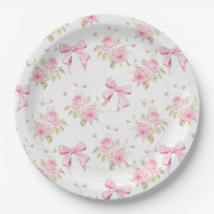 Rosa Schleifen und Rosen Coquette Brautparty Pappteller