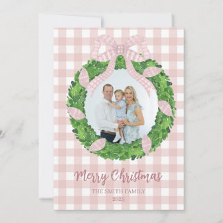 Rosa Schleifen-Weihnachtskranz-Foto-Feiertagskarte Feiertagskarte
