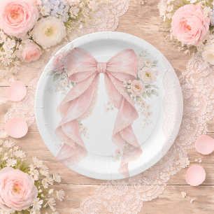 Rosa Schleifenband Blumen-Spitze Baby Shower Pappteller