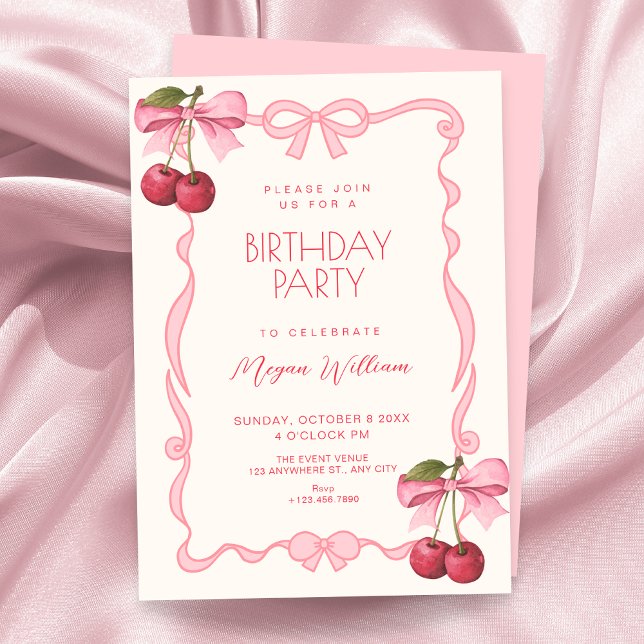 Rosa Schleifenband Kirsch Geburtstag Einladung (Von Creator hochgeladen)