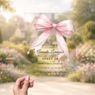 Rosa Schleifenperlen elegant Sweet 16 Luxus klar Acryleinladungen