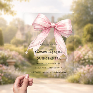 Rosa Schleifenperlen elegante Quinceanera Luxus kl Acryleinladungen