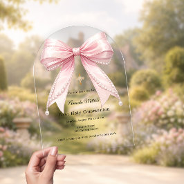 Rosa Schleifenperlen Luxus Erstkommunion Bogen Acryleinladungen