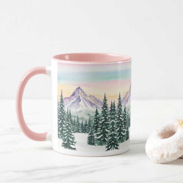Rosa schlichte Moderne Weihnachtsschnee Aurora Tasse (Mit Donut)