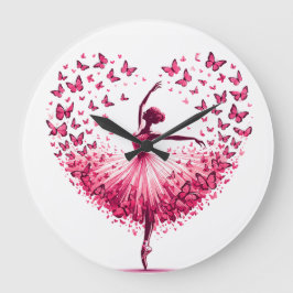 Rosa Schmetterling-Ballerina-Herz-Wanduhr – Elegan Große Wanduhr
