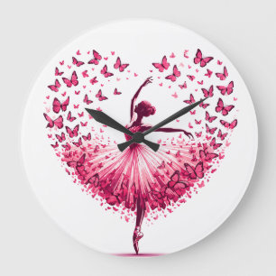 Rosa Schmetterling-Ballerina-Herz-Wanduhr – Elegan Große Wanduhr