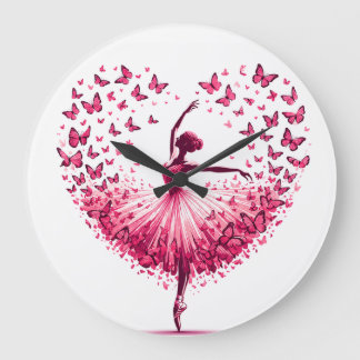 Rosa Schmetterling-Ballerina-Herz-Wanduhr – Elegan Große Wanduhr