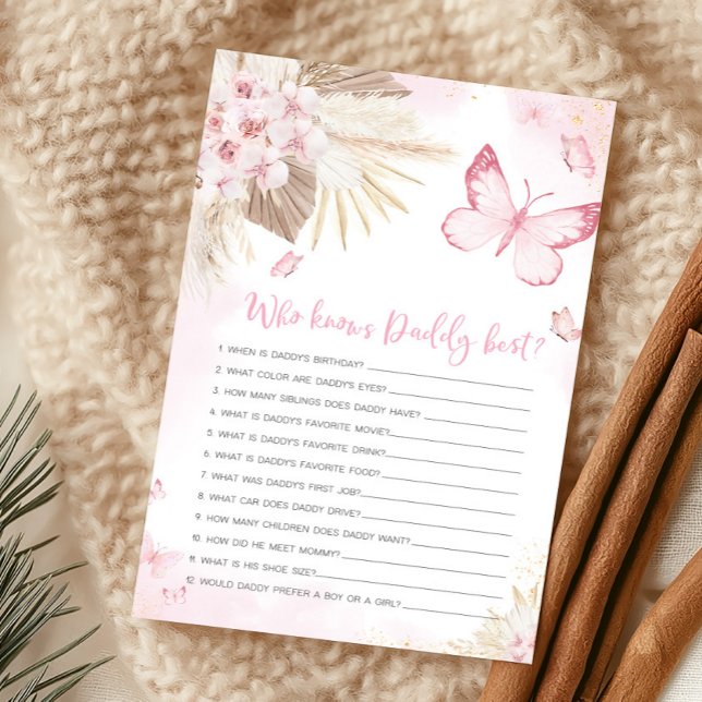 Rosa Schmetterling Dusche Wer kennt Daddy am beste (Girl Butterfly Pampas Grass Baby Shower Who Knows Daddy Best Game)