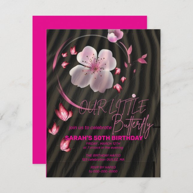 Rosa Schmetterling Einladung zum Geburtstag, Schme (Vorne/Hinten)