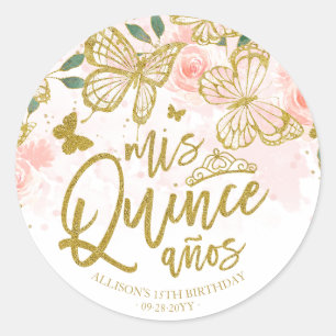 Rosa Schmetterling Florales Quinceanera-Party Runder Aufkleber