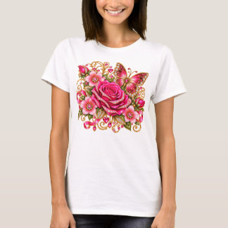 Rosa Schmetterling Glänzendes Florales T-Shirt