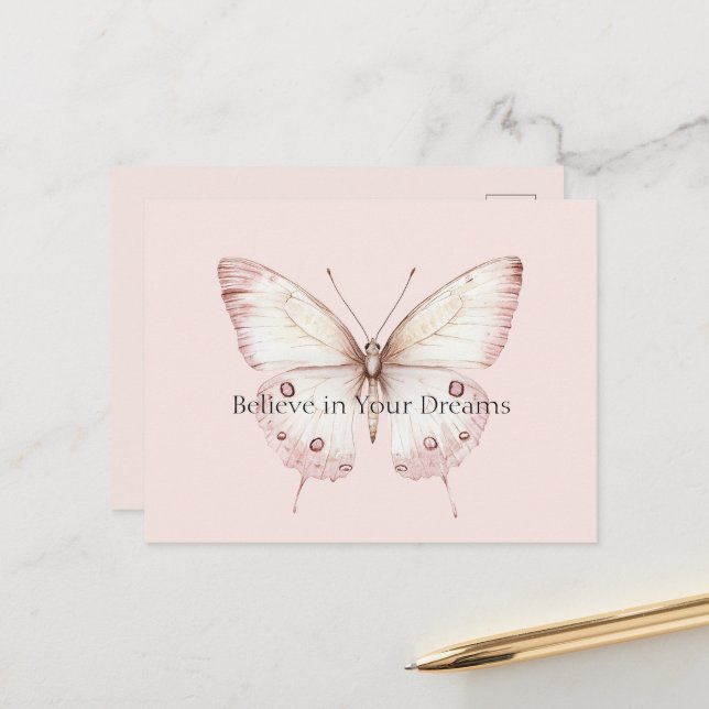 Rosa Schmetterling Glaub an Träume Postkarte (Vorderseite/Rückseite Beispiel)