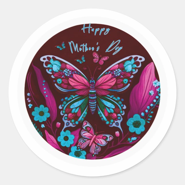 Rosa Schmetterling Happy Mother Day Stickers (Vorderseite)