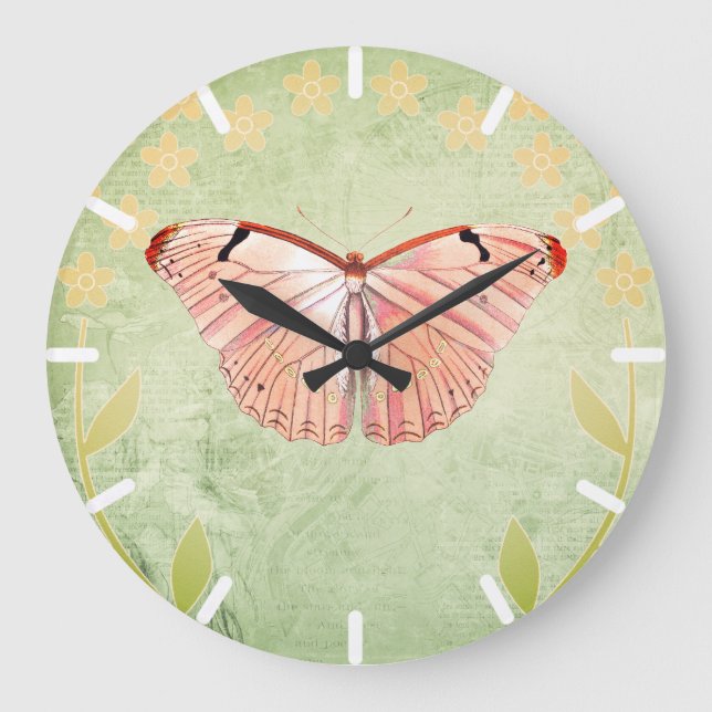 Rosa Schmetterling im Hintergrund der grünen Blüte Große Wanduhr (Vorderseite)