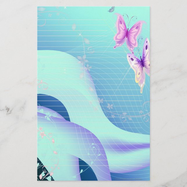 Rosa Schmetterling in den Wellen von blauem Briefpapier (Vorderseite)