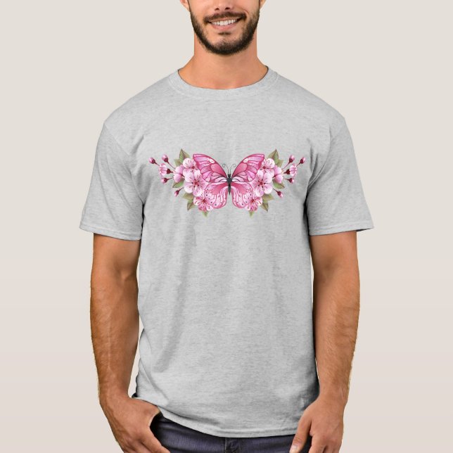 Rosa Schmetterling mit Sakura T-Shirt (Vorderseite)