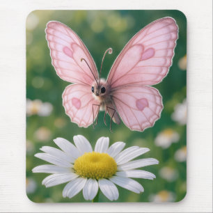 Rosa Schmetterling über einer Margerite schwebend Mousepad