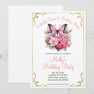 Rosa Schmetterling und Blume jedes Alters Geburtst Einladung