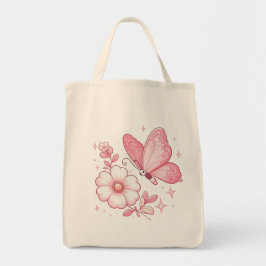 Rosa Schmetterling und Blume Tragetasche