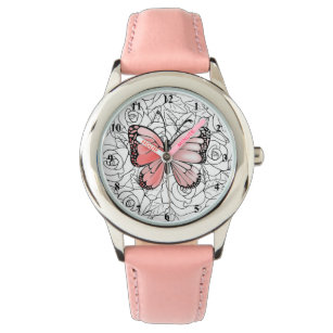 Rosa Schmetterling und Rose Art - Armbanduhr