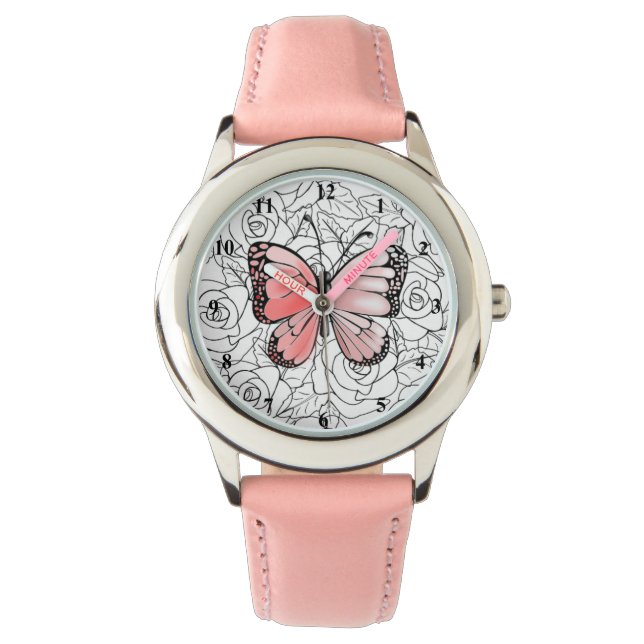 Rosa Schmetterling und Rose Art - Armbanduhr (Vorderseite)