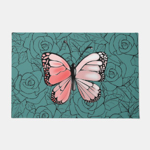 Rosa Schmetterling und Rose Art - Fußmatte
