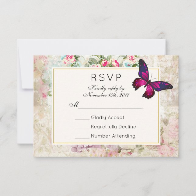 Rosa Schmetterling und Vintage Rose Hochzeit RSVP Karte (Vorderseite)